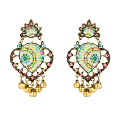 E-5795 Retro Heart-shaped with Tassel Beads Drop Dangle Earrings for Women