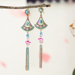 E-5796 Bohemian colored stone gold chain long tassel fan-shaped crystal earrings Gypsy gift jewelry