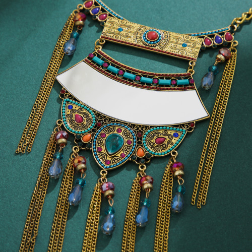 N-7374 Fashion Indian Vintage Alloy Colorful Crystal Beads Mirror Pendant Necklaces for Women Bohemian Gypsy Jewelry Accessories