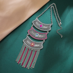N-7375 Vintage silver Alloy colorful Crystal tassel Pendant Necklaces for Women Bohemian Gypsy Party Jewelry