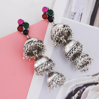 E-5803 Fashion Jhumka Earrings with Rhinestone Bells Pendant Silver Drop Dangle Earrings for Women