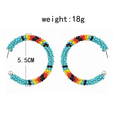 E-5809 Bohemian Hand-woven C-shaped Rice Beads Large Hoop Earrings
