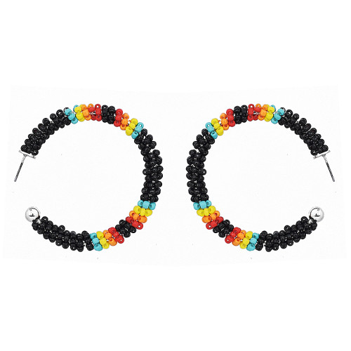 E-5809 Bohemian Hand-woven C-shaped Rice Beads Large Hoop Earrings