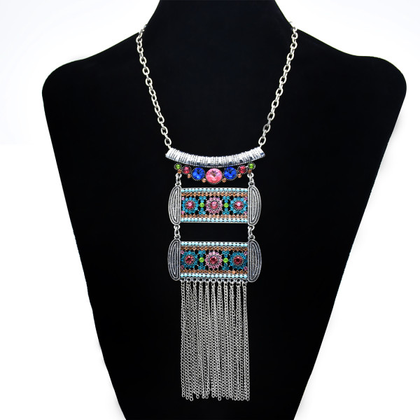 N-7376 Vintage silver color multi-crystal tassel pendant necklace for women gift jewelry