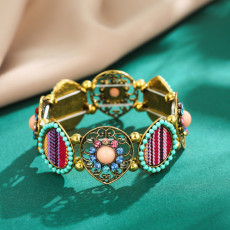 B-1040 Retro Style Silver Gold with Colorful Rhinestone Hollow Flower Shaped  Elastic Bracelet Jewelry