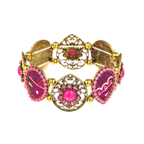 B-1040 Retro Style Silver Gold with Colorful Rhinestone Hollow Flower Shaped  Elastic Bracelet Jewelry
