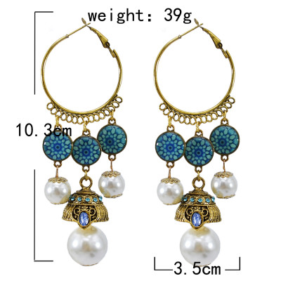 E-5824 Indian Imitation Pearl Beads Tassel Dangle Hoop Earrings for Women
