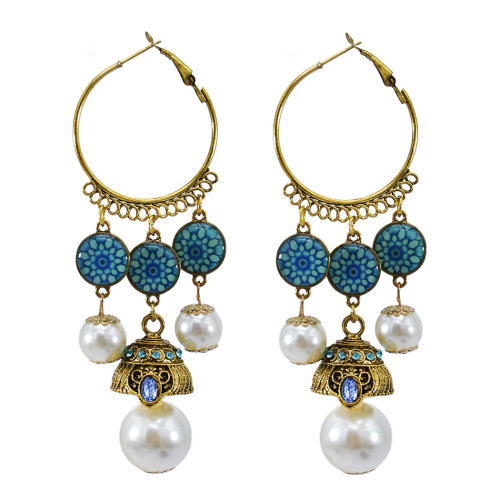 E-5824 Indian Imitation Pearl Beads Tassel Dangle Hoop Earrings for Women