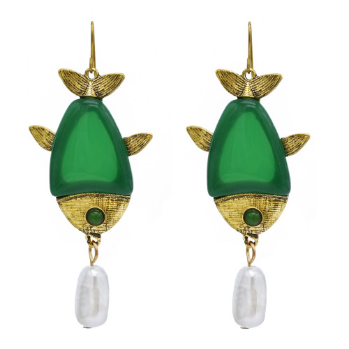 E-5825 Cute Pearl Tassel Green Acrylic Fish Drop Earrings for Women Girl Summer Party Jewelry Gift