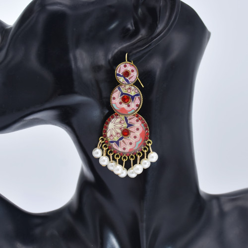 E-5832 Indian Pattern Rhinestone Pearl Tassel Dangle Earrings
