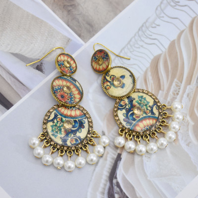 E-5832 Indian Pattern Rhinestone Pearl Tassel Dangle Earrings