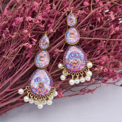 E-5833 Indian Pattern Rhinestone Pearl Tassel Drop Dangle Earrings