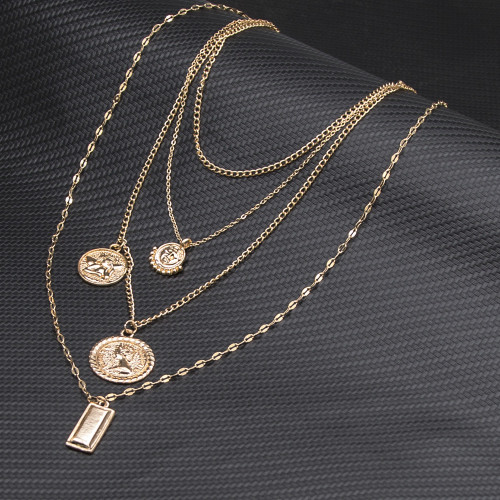 N-7384 Multilayers Gold Chain Figure Coin Pendant Necklaces & Pendant Bohemian Jewelry Gift