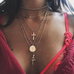 N-7385 Multilayers Gold Chain cross rose flower coin Pendant Necklaces & Pendant Bohemian Jewelry Gift