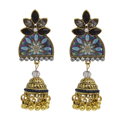 E-5837 6 Color Jhumki Gold with Multicolor Crystal  Beads Bell Tassel Jhumka Earrings for Women