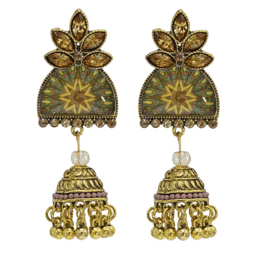 E-5837 6 Color Jhumki Gold with Multicolor Crystal  Beads Bell Tassel Jhumka Earrings for Women
