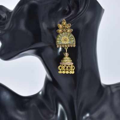 E-5837 6 Color Jhumki Gold with Multicolor Crystal  Beads Bell Tassel Jhumka Earrings for Women