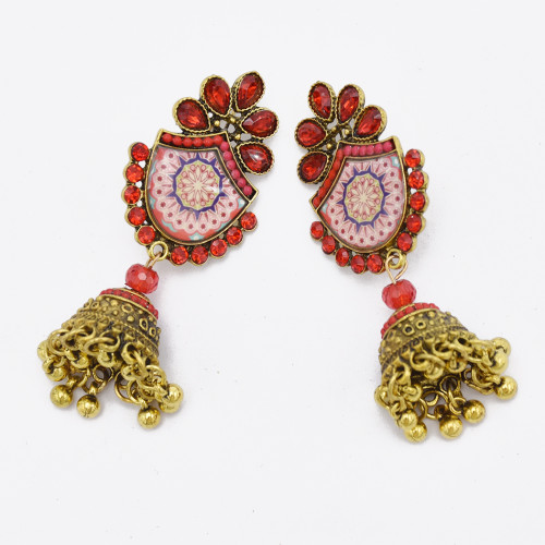 E-5838 Indian Multicolor Crystal  Beads Bell Tassel Jhumka Earrings for Women