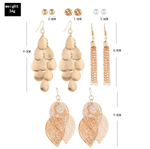 E-5839 6Pairs/Set Bohemian Gold Metal Pearl Round Ball Leaf Drop Earrings for Women Beach Party Jewelry Gift