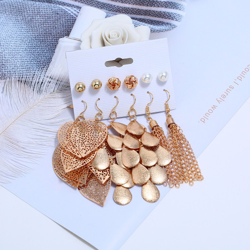 E-5839 6Pairs/Set Bohemian Gold Metal Pearl Round Ball Leaf Drop Earrings for Women Beach Party Jewelry Gift
