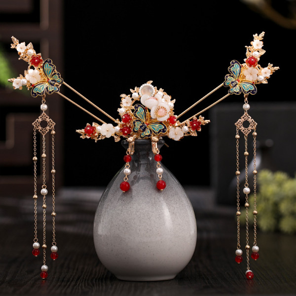 F-0775 Hanfu headdress female ancient style tassel step shake golden butterfly hairpin bride show Wo clothing crystal hair comb hair accessories set