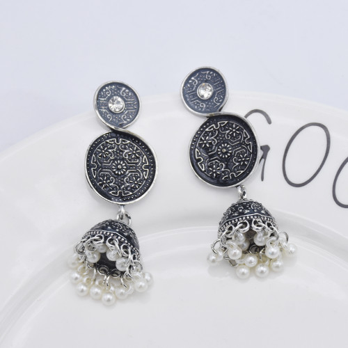 E-5844 6 Color Jhumki Silver with Multicolor Enamel  Beads Bell Tassel Jhumka Earrings for Women