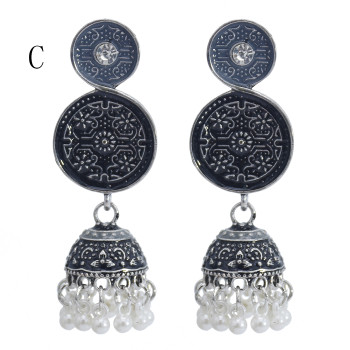 E-5844 6 Color Jhumki Silver with Multicolor Enamel  Beads Bell Tassel Jhumka Earrings for Women