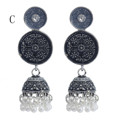 E-5844 6 Color Jhumki Silver with Multicolor Enamel  Beads Bell Tassel Jhumka Earrings for Women