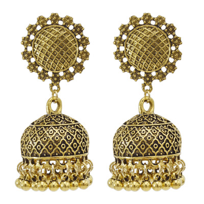 E-5845 Vintage ethnic style Gold Silver alloy long tassel bell bead Jhumka Earrings for Women