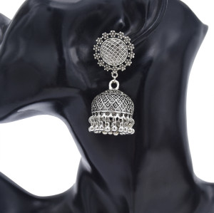 E-5845 Vintage ethnic style Gold Silver alloy long tassel bell bead Jhumka Earrings for Women