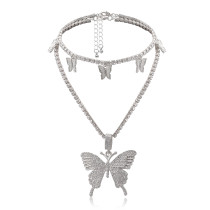 N-7392 Fashion 2pcs/set BlingBling Rhinestone Multi-Layer Butterfly Pendant Choker Necklace
