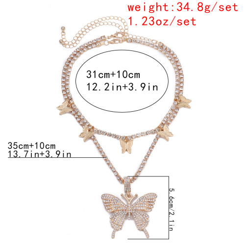 N-7392 Fashion 2pcs/set BlingBling Rhinestone Multi-Layer Butterfly Pendant Choker Necklace