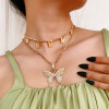 N-7392 Fashion 2pcs/set BlingBling Rhinestone Multi-Layer Butterfly Pendant Choker Necklace