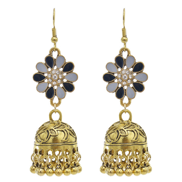 E-5865 Vintage Ethnic Style Tassel Bell Beads with Enamel Flower-shaped  Jhumka Earrings for Women