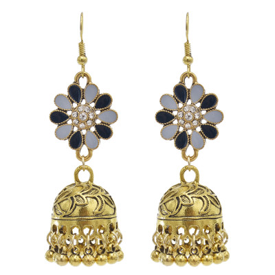E-5865 Vintage Ethnic Style Tassel Bell Beads with Enamel Flower-shaped  Jhumka Earrings for Women