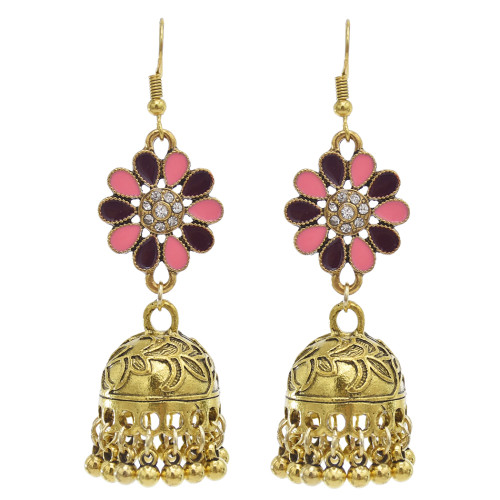 E-5865 Vintage Ethnic Style Tassel Bell Beads with Enamel Flower-shaped  Jhumka Earrings for Women