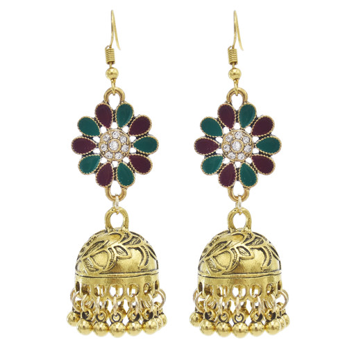 E-5865 Vintage Ethnic Style Tassel Bell Beads with Enamel Flower-shaped  Jhumka Earrings for Women