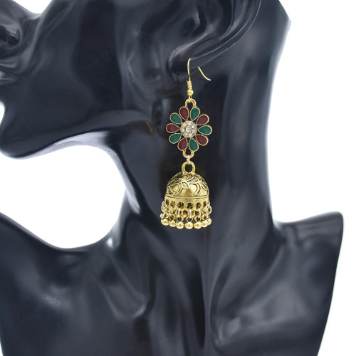 E-5865 Vintage Ethnic Style Tassel Bell Beads with Enamel Flower-shaped  Jhumka Earrings for Women