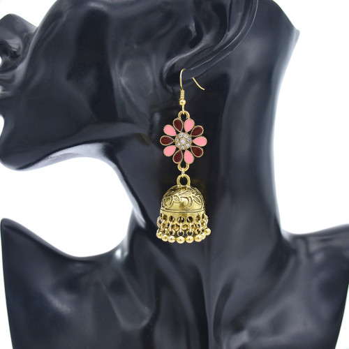 E-5865 Vintage Ethnic Style Tassel Bell Beads with Enamel Flower-shaped  Jhumka Earrings for Women