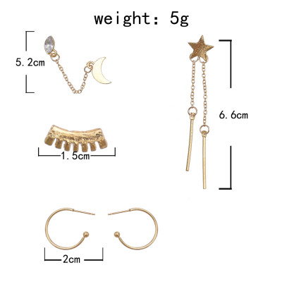 E-5885  4Pcs/Set Bohemian Style Gold Alloy Rhinestone Moon Star Stud Earrings for Women Party Jewelry