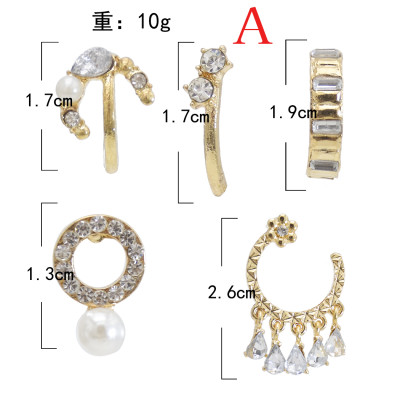 E-5887  5Pcs/Set Bohemian Style Gold Alloy Rhinestone Moon Star tassel Stud Earrings for Women Party Jewelry