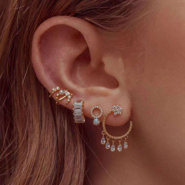 E-5887  5Pcs/Set Bohemian Style Gold Alloy Rhinestone Moon Star tassel Stud Earrings for Women Party Jewelry