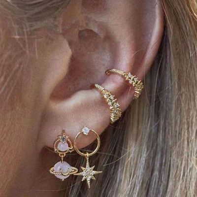 E-5885  4Pcs/Set Bohemian Style Gold Alloy Rhinestone Moon Star Stud Earrings for Women Party Jewelry