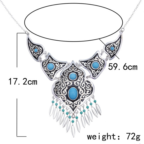 N-7405 Bohemian Vintage Hollow Out green beaded Tassel Necklace Earring Set Ethnic Ornament Jewelry Set