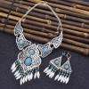 N-7405 Bohemian Vintage Hollow Out green beaded Tassel Necklace Earring Set Ethnic Ornament Jewelry Set