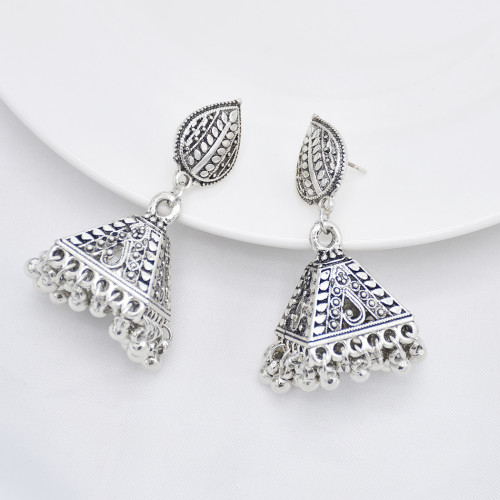 E-5894  Vintage Silver Leaf Pendant Hollow Bell Earrings Silver Bead Tassel Party Gift Women Jewelry