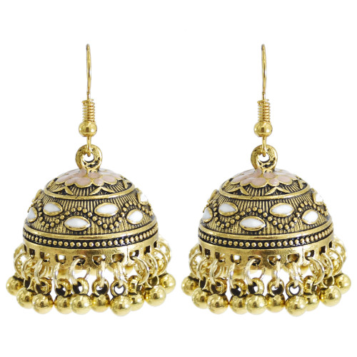 E-5901  Vintage gold metal alloy beaded tassel earrings Indian Afghan Jewelry