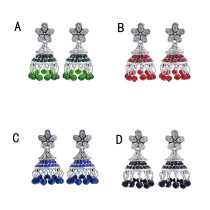 E-5903  Vintage silver with colored glass beads tassels diamond crystal bell earrings party gift women  jewelry
