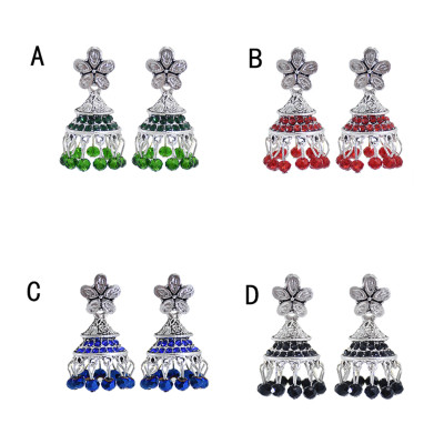 E-5903  Vintage silver with colored glass beads tassels diamond crystal bell earrings party gift women  jewelry