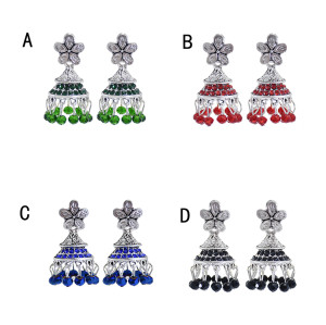 E-5903  Vintage silver with colored glass beads tassels diamond crystal bell earrings party gift women  jewelry